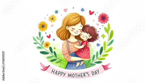 A tender watercolor illustration of a mother and child in a loving embrace, celebrating Mother's Day. Banner mother day card 