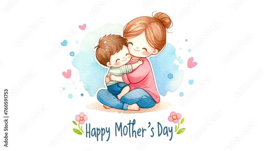 A tender watercolor illustration of a mother and child in a loving embrace, celebrating Mother's Day. Banner mother day card
A tender watercolor illustration of a mother and child in a loving embrace, celebrating Mother's Day. Banner mother day card