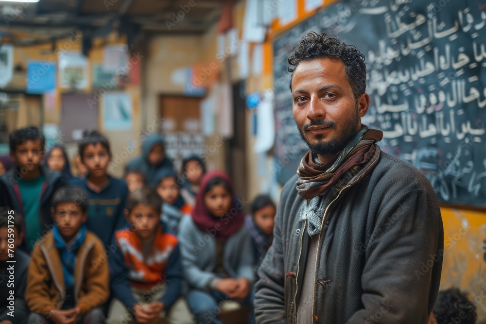 Portrait of an male Arabic teacher standing in front of a class in an Islamic school, pegagogue is writing on the blackboard and explaining difficult concepts to attentive students Portrait of an male Arabic teacher standing in front of a class in an Islamic school, pegagogue is writing on the blackboard and explaining difficult concepts to attentive students