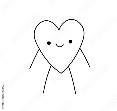 Vector isolated one single cute cartoon funny scribble  smiling heart with arms and legs  colorless black and white contour line easy drawing