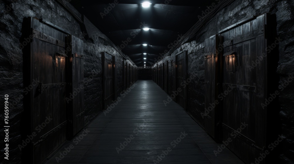 Dark hallway with doors and lights in dark cellar