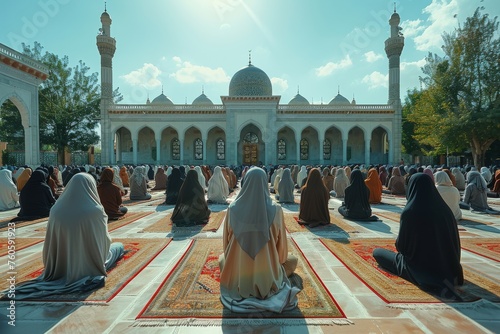 Scenic and peaceful outdoor area at an traditional Islamic school in sunny summer day, female students in hijabs kneeling in prayer on mats outdoors. Muslim faith and religion concept photo
