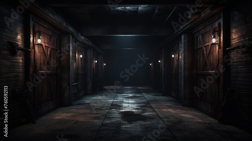Dark hallway with doors and lights in dark cellar