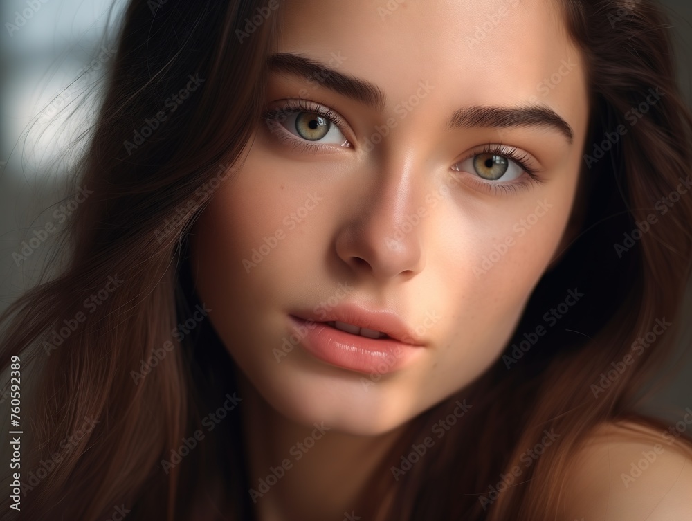 beautiful Russian girl with long brown hair and gray eyes