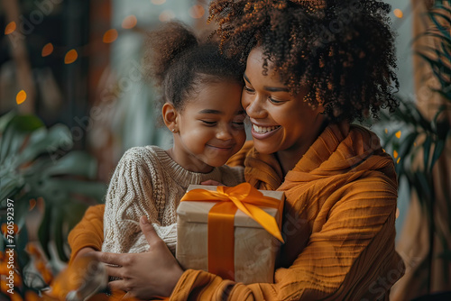 Multiracial mother receiving gift from daughter on Mother's Day. Generative AI.