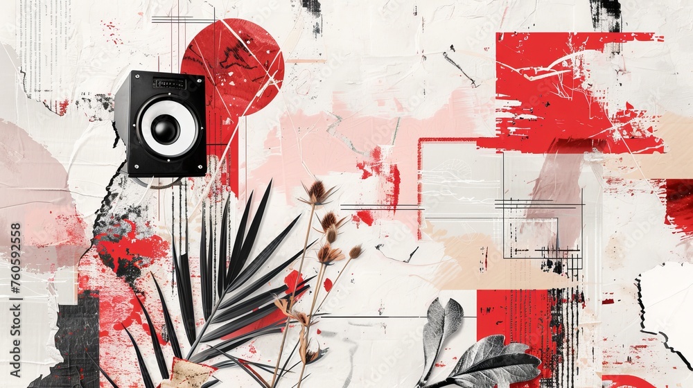 Stylish modern advertising poster design with red, black and white elements on a collage grunge banner. Loudspeaker announcing crazy promotions. Doodle elements on retro poster. - obrazy, fototapety, plakaty 