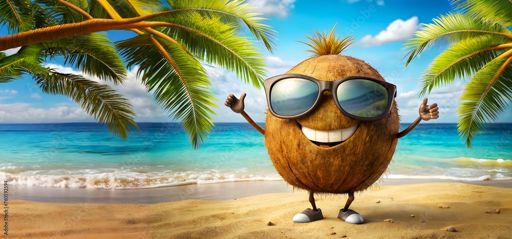 A funny coconut cartoon character wearing black sunglasses is in a beach during summer