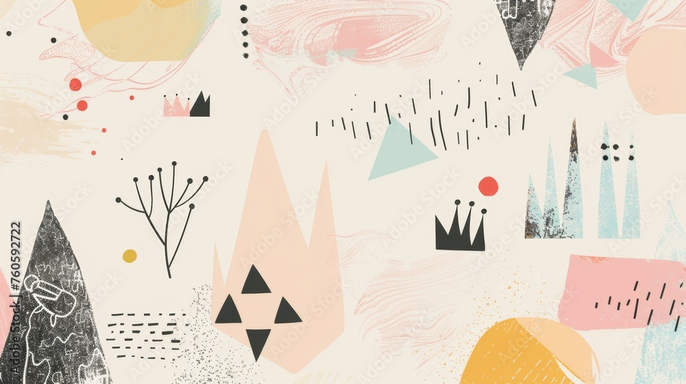 A modern collection of cute geometric shapes with soft gradients and textures. Triangles, hearts, crowns, pencils, and markers. Modern pack elements. - obrazy, fototapety, plakaty 