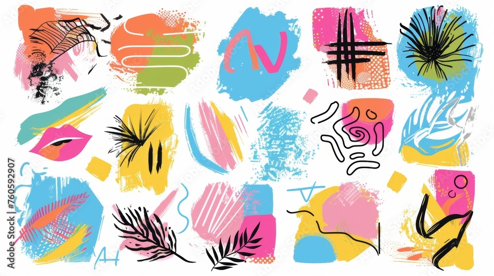 On a transparent background as png, graffiti figures in a negligent style. Bright neon shapes. Circles, lines, crosses, stars and lips. Modern elements.
