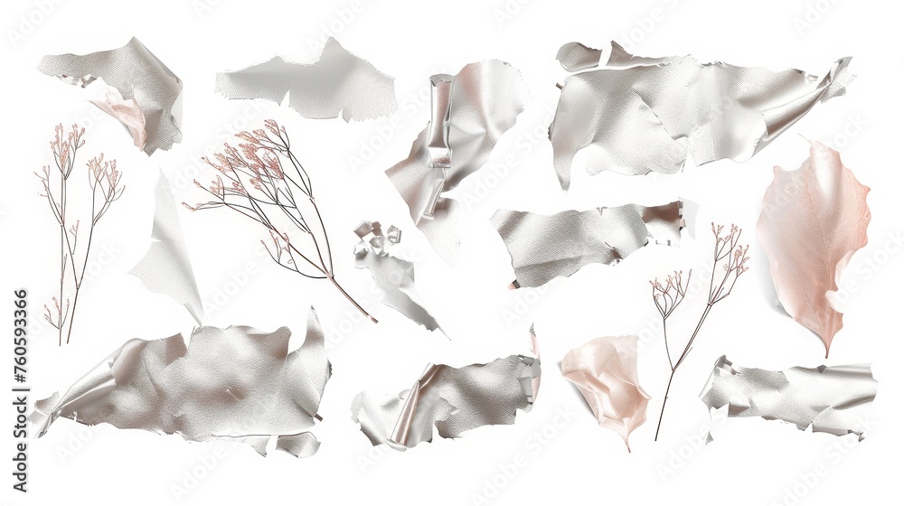 Featuring a set of silver torn scotch tape pieces. These trending elements can be used for designs with realistic textures. Digital patches are available on a transparent background. - obrazy, fototapety, plakaty 
