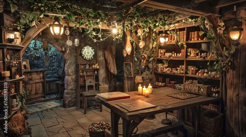 a medieval dungeon store with magical lanterns and vines