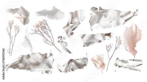 Featuring a set of silver torn scotch tape pieces. These trending elements can be used for designs with realistic textures. Digital patches are available on a transparent background. photo