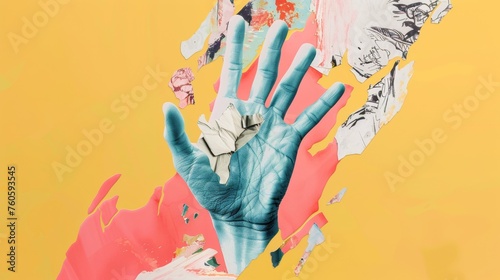 I like this collage element with the finger up. Halftone effect, modern illustration on yellow background. photo
