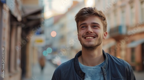 A young man smiling while walking down a city street. Suitable for lifestyle or urban themes