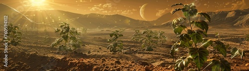 Bitcoin mining rig discovered on Mars, with a backdrop of saplings. photo