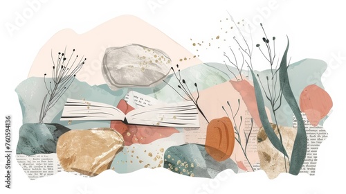 An illustration with newspaper clippings illustrating the theme of craving knowledge and books. A modern collage with different textures. photo