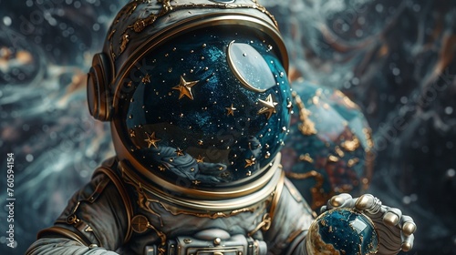 Trophy engraved with celestial patterns floating in space, astronaut reaching out. photo
