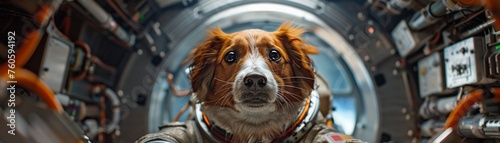 Dog in a miniature astronaut costume floating in a space station.