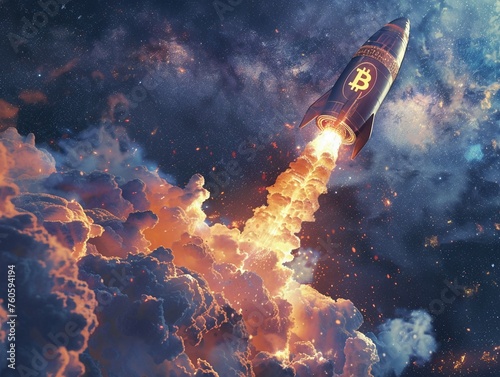 Rocket designed with Bitcoin symbols launching into a starry sky.