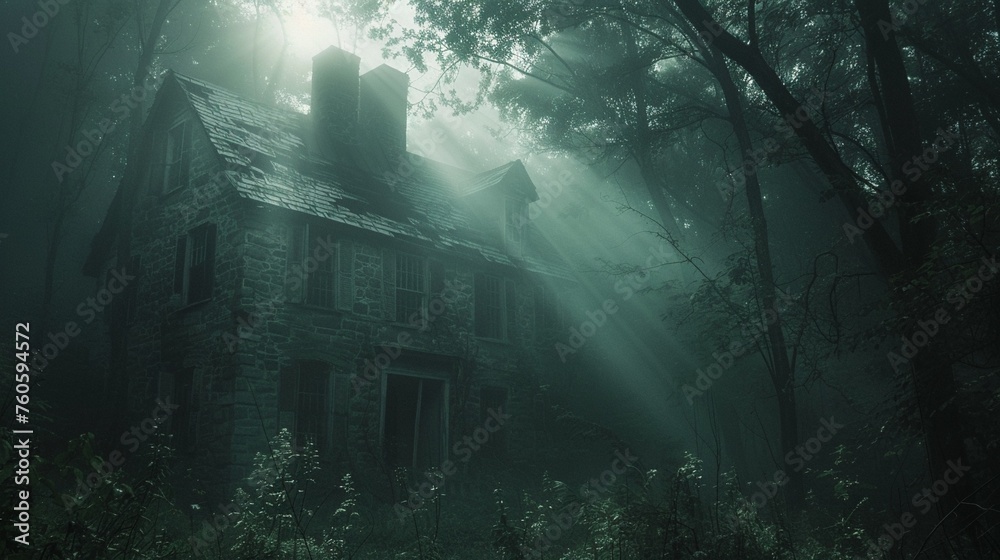 A ray of light slicing through the gloom of a haunted house, revealing hidden beauty.
