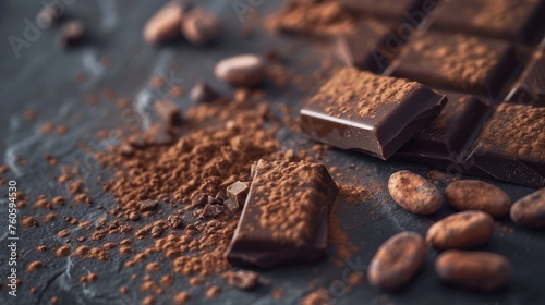 A close up of a chocolate bar and cocoa beans. Perfect for food and dessert concepts