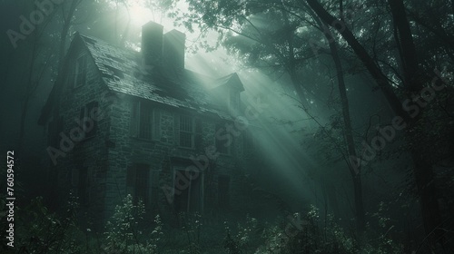 A ray of light slicing through the gloom of a haunted house  revealing hidden beauty.