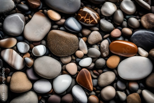 pebbles on the beach, A collection of various rocks and pebbles lies scattered on the ground, each one unique in its shape and color
