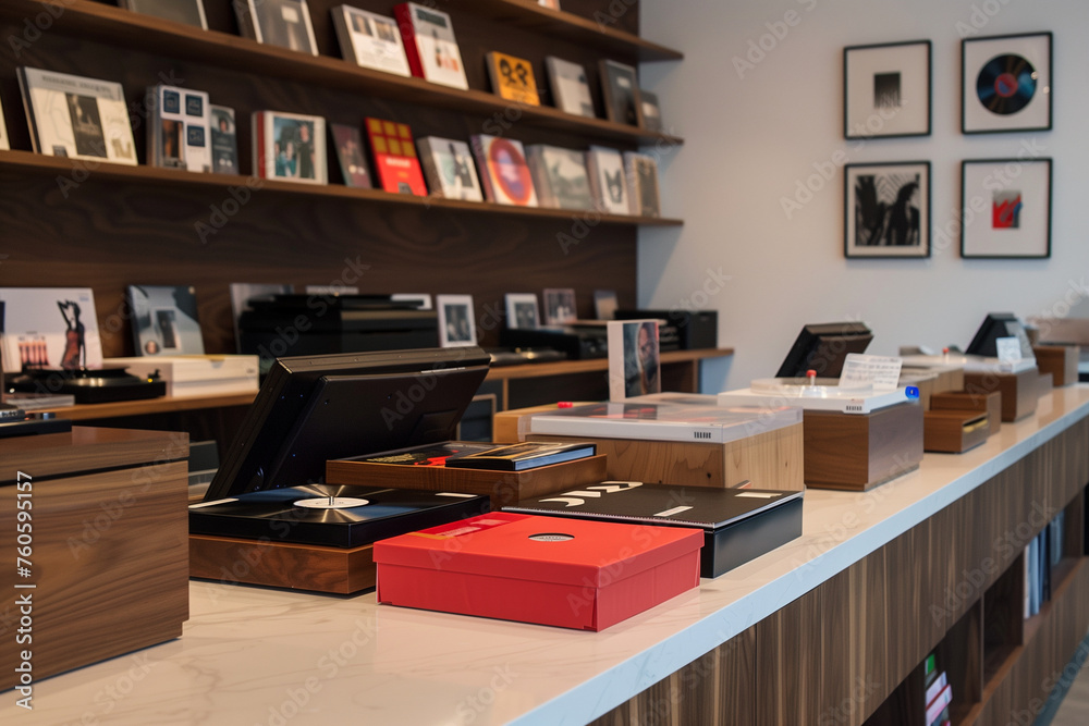 vinyl record store's checkout counter with stylish packaging and gift options, emphasizing the appeal of vinyl as a chic and thoughtful gift vinyl record store's checkout counter with stylish packaging and gift options, emphasizing the appeal of vinyl as a chic and thoughtful gift
