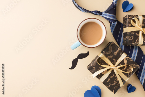 Father's Day morning surprise: top view shot of gift boxes, blue striped tie, moustache-shaped paper decoration, coffee cup and paper hearts on beige background with space for personalized messages