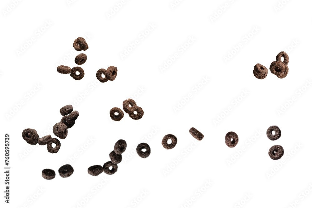 Chocolate rings cereal spill out into a bowl. Breakfast. Chocolate rings cereal spill out into a bowl. Breakfast.