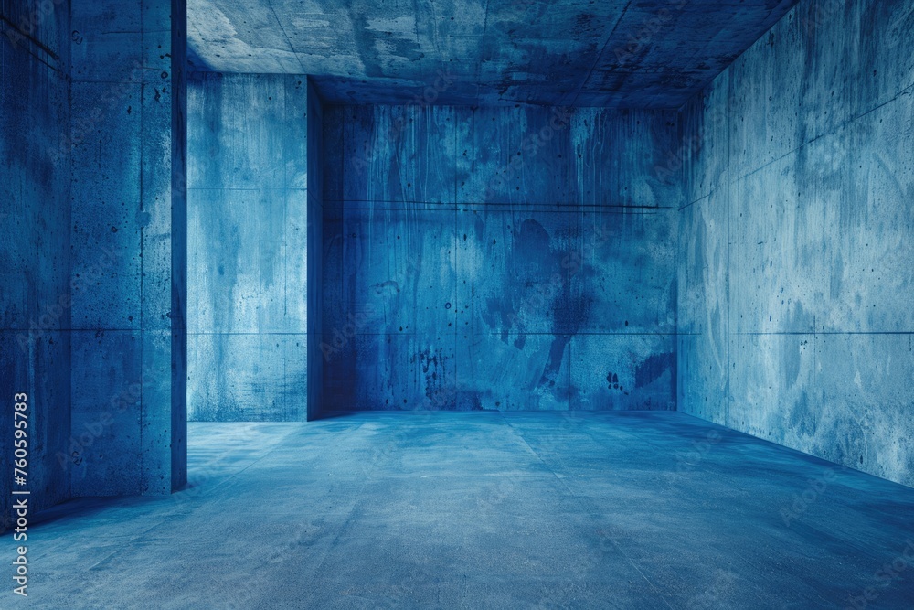 Empty Blue Cement Room with Grunge Wall Texture and Concrete Floor - Interior Background View in Perspective