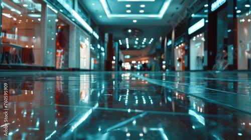 Wet floor in a shopping mall, suitable for safety and cleaning concepts photo