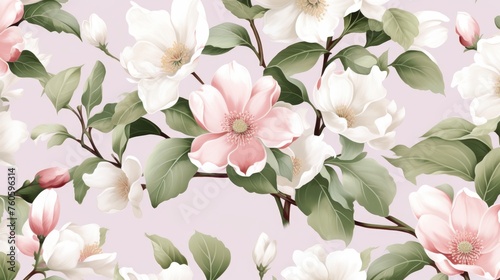 Floral wallpaper white and pink flowers and leaves photo