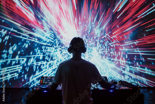 shot of a DJ in front of a mesmerizing visual display, merging music and visuals for an immersive experience photo