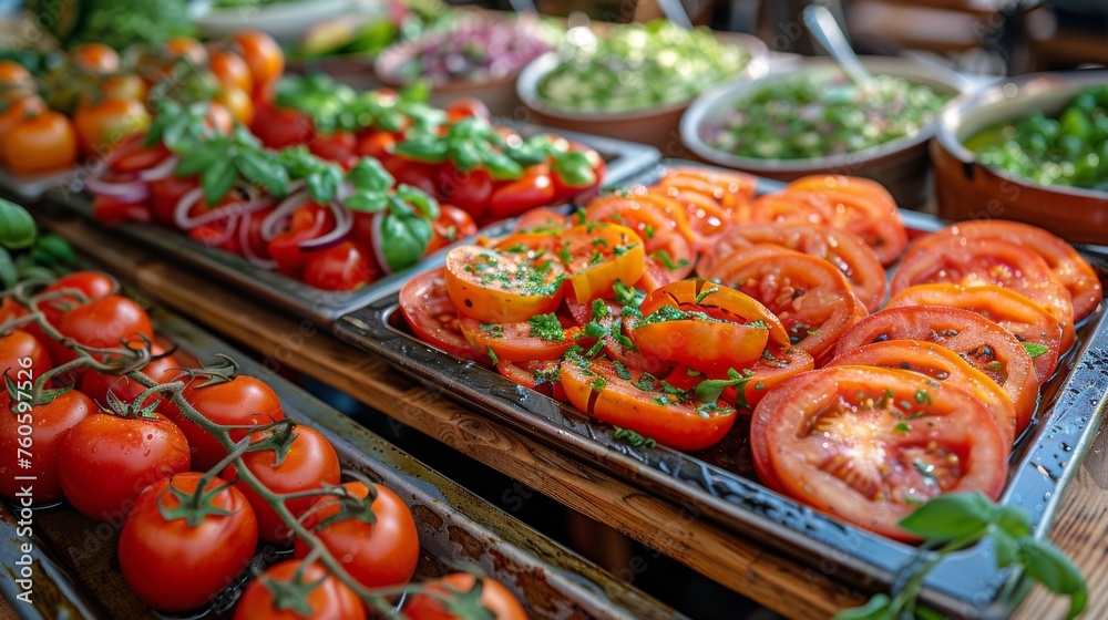 Several Trays of Tomatoes and Vegetables on a Table