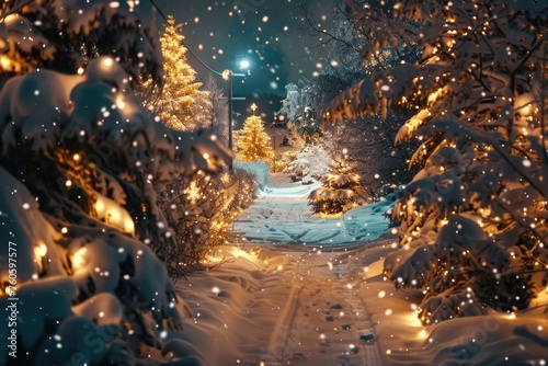 A snowy path in the middle of a forest at night. Suitable for winter and nature themes