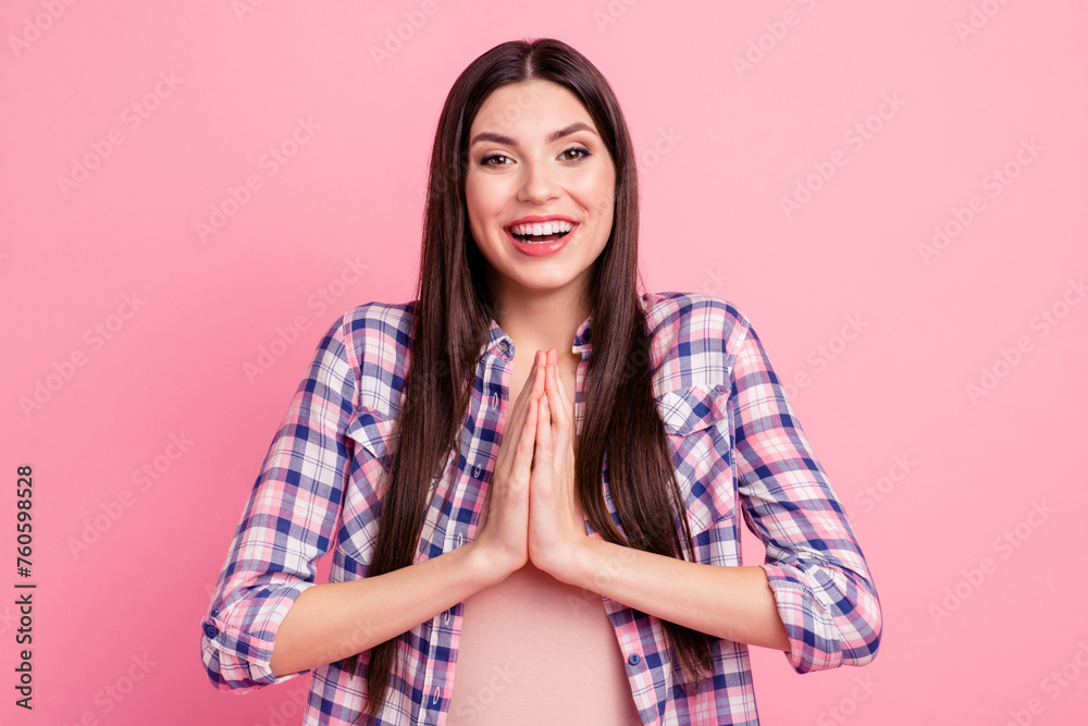 Portrait of her she nice-looking attractive cute charming lovely sweet cheerful cheery straight-haired lady asking new cool gift isolated over pink pastel background