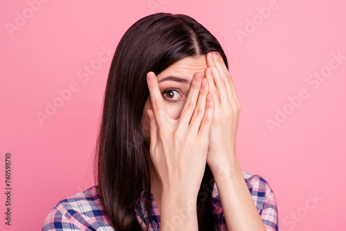 Close-up portrait of her she nice-looking attractive charming lovely confused worried puzzled straight-haired lady closing face palms isolated over pink pastel background photo