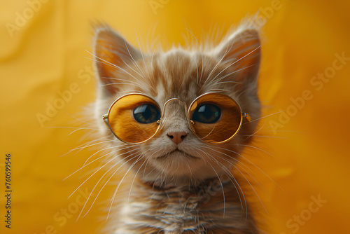 Funny kitten in yellow sunglasses on the yellow background. The concept of a summer vacation on the seashore. Recreation with animals. Close-up, template with space for text.