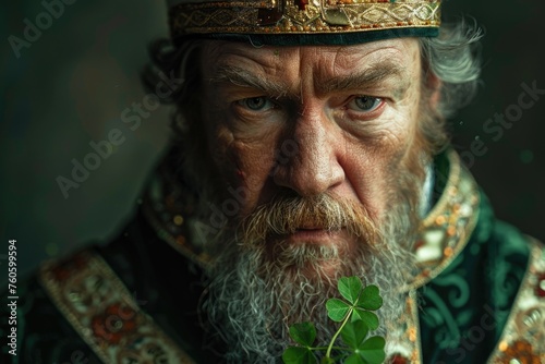 A stately, bearded man wearing a crown and ornate robe holds a shamrock, representing Saint Patrick's Day themes.