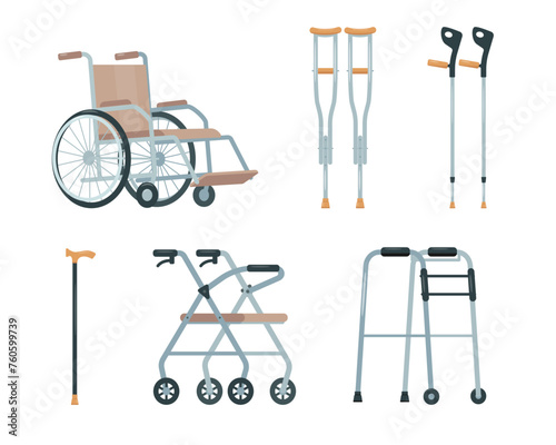 Set of equipment for disabilities or elderly and social adaptation. Wheelchair, Walkers, Crutches and walking sticks. Medicine rehabilitation in clinic and hospital. Vector icons illustration.