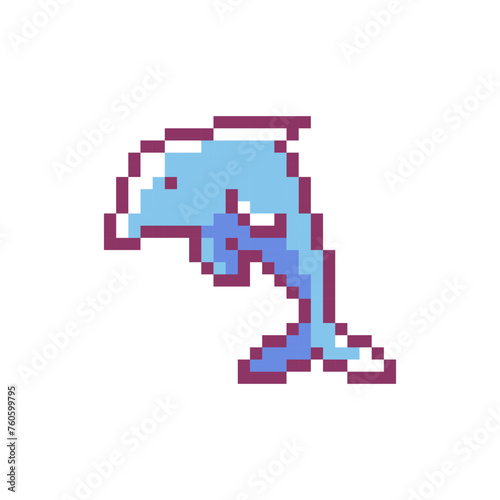 Pixel Art Dolphin Icon. Vector Y2K 8Bit Sticker of Marine Character. Cute Ocean Avatar Video Game Element for Summer Beach Vacation Design.