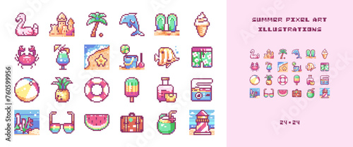 Summer Travel Pixel Art Set: 8bit Beach Vacation - Luggage, Palm Tree, Coconuts, Camera, Snacks, Fish, Beverages, Sand, Beach and Sea, Ocean and Beacon, Cram, Dolphin, Retro Y2K Summer Trip Icons.
