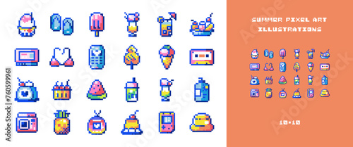 Pixel Art Summer Beach Party Set. 8bit Style Stickers of Summer Vacation Elements - Sunglasses, Beach Balls, Ice Cream, Beverages, Music Records, Cameras, Palm Trees. Vector Summertime Y2K Collection.