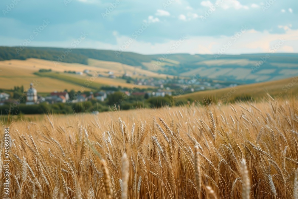 A scenic view of a wheat field with a town in the distance. Suitable for agricultural and rural concepts