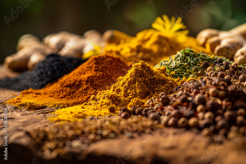 Spices in heaps on wooden surface, essential culinary ingredients for flavor. Organic, natural seasoning for diverse cuisines. Rustic, aromatic variety