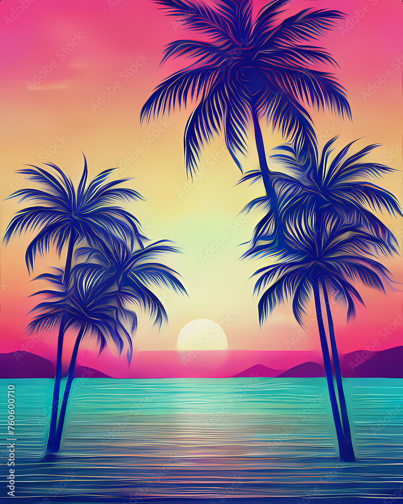 sunset, palm, beach, tree, tropical, sea, sky, ocean, silhouette, summer, sun, landscape, nature, sunrise, island, travel, palms, paradise, palm tree, hawaii, vacation, vector, illustration, water, co