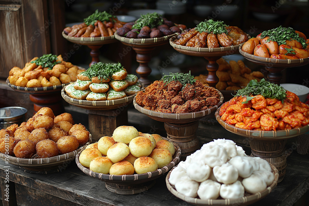 Bowls of traditional Indonesian food on a wooden table.