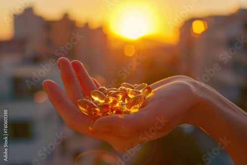 Person holding a handful of fish oil. Suitable for health and wellness concepts photo