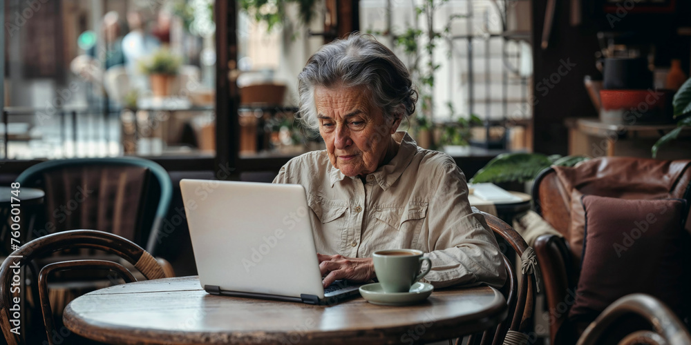Professional senior European woman using laptop in modern cafe. Concept of showcasing active elderly engagement with technology and neural networks for work and social connectivity.